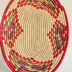 Vintage Handwoven Raffia Basket | Colorful Oval Wall Art 18x14 | Boho Home Decor